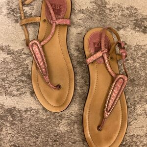 Frye Pink and Tan Sandals with Bohemian Design